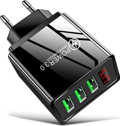 DrPhone Q5 Thuislader - 3 Poorten met Digitale Display - USB 3.1A – Geschikt voor Tablets / Smartphones - Oplader - Zwart