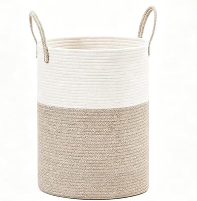 Gevlochten ronde wasmand voor wasgoed en speelgoed, met katoenen handgrepen, ideaal voor kinderkamer, woonkamer of badkamer, multifunctionele opbergoplossing