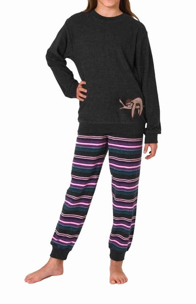 Knuffel meisjes badstof pyjama lange mouw met manchetten en schattig luiaard dierenmotief