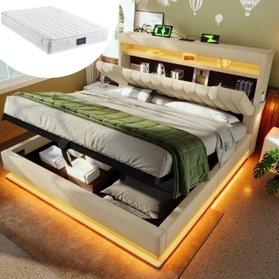 MEUNIQ gestoffeerd tweepersoonsbed 160x200 cm met matras, LED-verlichting, opbergbed met hydraulische bergruimte, hoofdbord met USB en Type-C, beige