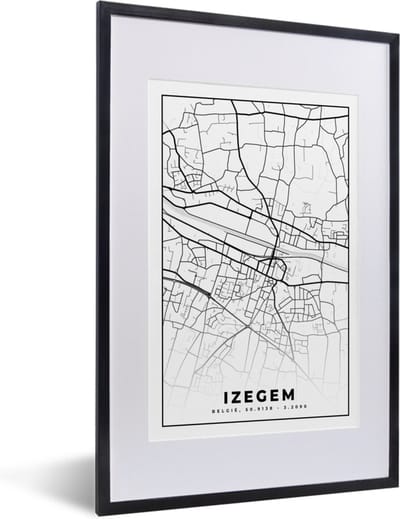 Fotolijst incl. Poster Zwart Wit- België – Izegem – Stadskaart – Kaart – Zwart Wit – Plattegrond - 40x60 cm - Posterlijst