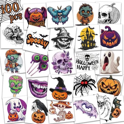 Tattoo Stickers - Tijdelijke Tattoos - Halloween Decoratie - Huidvriendelijk Materiaal - 100 Stuks - Multicolor
