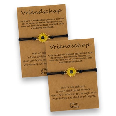 Vriendschapsarmbandjes voor 2 "Vriendschap" - Zonnebloem - BFF Armbandjes met Persoonlijk Cadeau Kaartje - Zwart met Bloem Hanger - Op Twee Kaartjes- Pax Amare