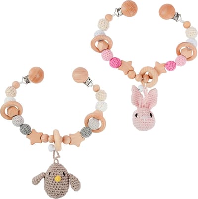 2 Pcs Houten Pram Chain - Ketting Speelgoed met Hangers - Kinderwagen Ketting - Multifunctioneel Bed Kinderwagen Speelgoed Activiteit Speelgoed voor Jongens en Meisjes vanaf 0+ Maanden