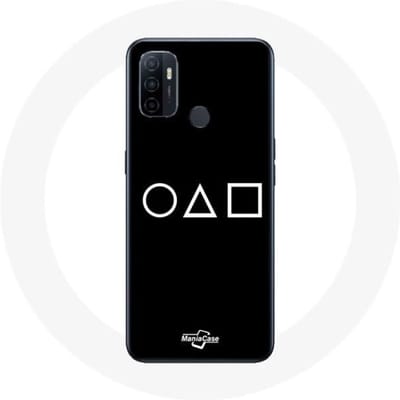Oppo A53 hoesje Squid Game logo symbolen cirkel vierkante driehoek zwarte achtergrond