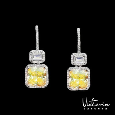 Victoria Valenza Monte Carlo Luxe Oorbellen Dames Messing Oorhangers Dames Oorringen - Gele Steen - Kleur Zilver - 1 Paar