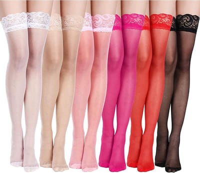 Halterless Kousen: 6 Paar Kant Thigh High Kousen in Zwart, Wit, Huidskleur, Rood en Roze voor M-L