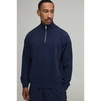 Regular Fit Premium 480gsm 1/4 Rits Col Trui Met Washed Afwerking | Washed Navy | Size Large