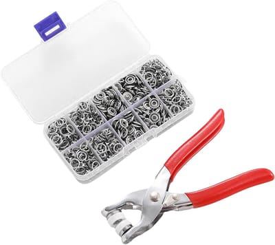 Drukknopset, metaal met tang, drukknopen, 100 stuks, oogjes, drukknopen, naaivrij, buttons, holle gesp om aan te naaien, naai-accessoires, naaigoebehoren, handwerk, voor doe-het-zelf knutselen