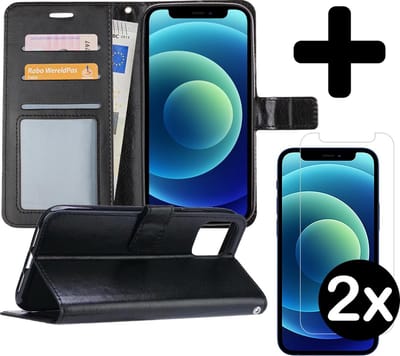 Hoesje - Met 2x Screenprotector - Geschikt voor Apple iPhone 12 - Luxe Pasjeshouder - Flip Case - Bookcase Portemonee - Kunstleer Book Case - Flipcase Hoes - Book Cover - Walletcase - Portemonneehoes - Telefoonhoes - Zwart