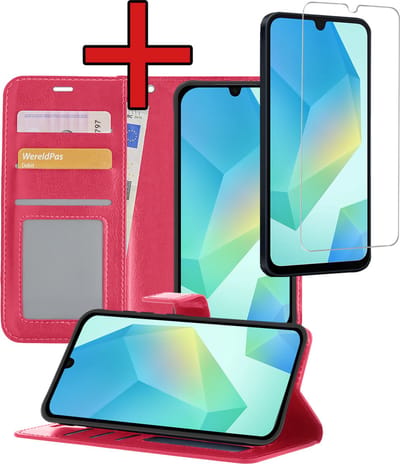 Hoesje - Met Screenprotector - Geschikt voor Samsung Galaxy A16 - Luxe Pasjeshouder - Flipcase - Bookcase Portemonee - Flip Case - Kunstleer Book Case - Book Cover - Walletcase - Portemonneehoes - Telefoonhoes - Donkerroze