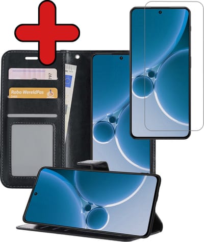 Hoesje - Met Screenprotector - Geschikt voor OnePlus Nord 3 - Luxe Pasjeshouder - Flipcase - Bookcase Portemonee - Flip Case - Kunstleer Book Case - Book Cover - Walletcase - Portemonneehoes - Telefoonhoes - Zwart
