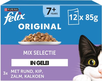Felix Original in Gelei 7+ Senior Mix Selectie - Kattenvoer Natvoer - Rund Kip Kalkoen & Zalm - 48 x 85 g