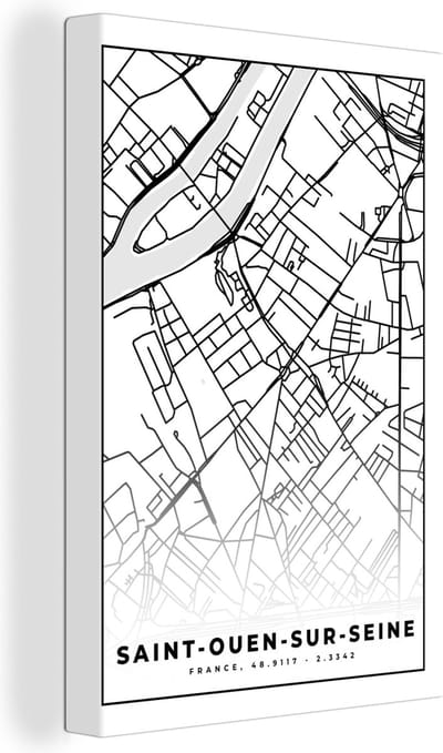 Canvas Schilderij Plattegrond – Saint-Ouen-sur-Seine - Kaart – Frankrijk – Stadskaart - Zwart wit - 20x30 cm - Wanddecoratie
