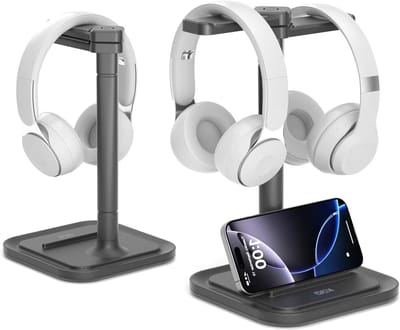 Bureau hoofdtelefoonstandaard met telefoonhouder - roterende hanger voor koptelefoon - antislip organizer voor gaming, kantoor en studeerkamer (zwart)