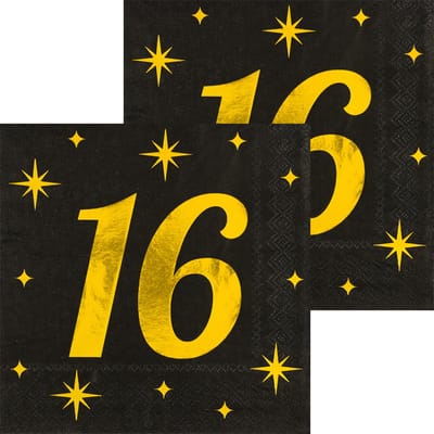 Paperdreams Verjaardag feest servetten - leeftijd 16 jaar - 32x stuks - zwart/goud - sterren - 33 x 33 cm