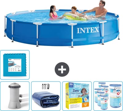 Intex Rond Frame Zwembad - 366 x 76 cm - Blauw - Inclusief Pomp Solarzeil - Onderhoudspakket - Filters - Vloertegels