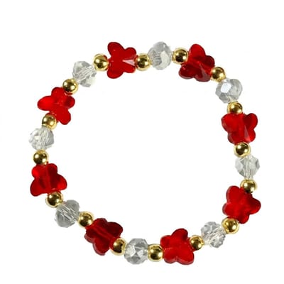Rood en transparante kralen armband voor dames – elastische armband met vlinderkralen en goudkleurige details
