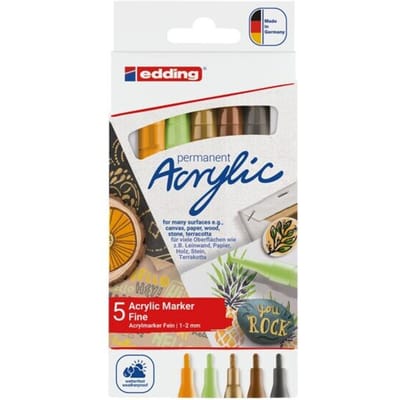 edding 5300 acrylstiften fijn - 5 natuur kleuren - pastelgroen, zonnegeel mat, hazelnoot mat, rijkgoud mat, antraciet mat - ronde punt van 1-2 mm - watervaste inkt voor het tekenen op o.a. canvas, kunstpapier, hout, kiezelstenen en steen