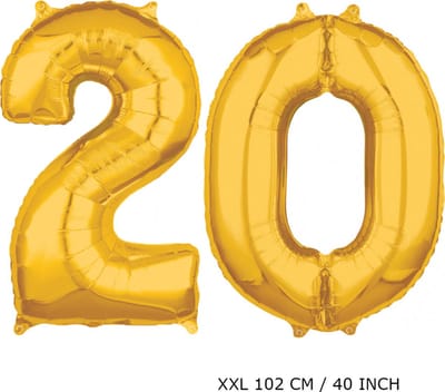 Mega grote XXL gouden folie ballon cijfer 20 jaar.  leeftijd verjaardag 20 jaar. 102 cm 40 inch. Met rietje om ballonnen mee op te blazen.