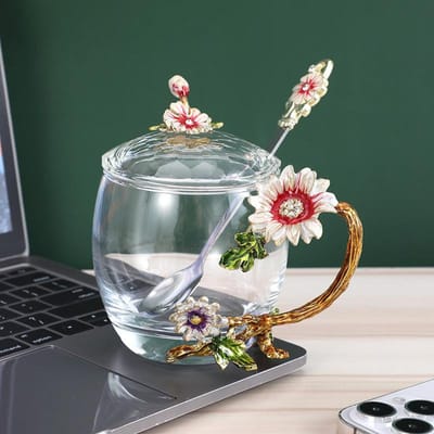 Creatieve Emaille Waterbeker Lepel Set Thuis Luxe Glazen Beker met Lepel met Deksel Theekop Geschenkdoos . gray