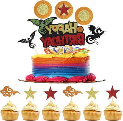 Gelukkige Verjaardag Taart Toppers en 12 Stuks Cupcake Toppers, Anime Decoraties met Draak en Sterren voor Jongens Verjaardagsfeestje en Feestbenodigdheden