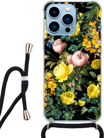 Hoesje met koord - Geschikt voor iPhone 13 Pro - Bloemen geel - Verstelbaar zwart koord - Transparant, Geel - Bloemen - Leuke Telefoonhoesjes