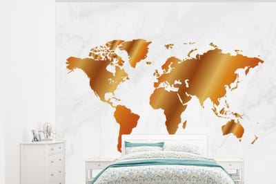 Behang - Fotobehang Wereldkaart - Marmer - Goud - Breedte 300 cm x hoogte 240 cm