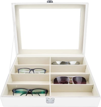 Elegante brillendoos voor 8 brillen - Wit, 34 x 25 x 8 cm - Ruimtebesparende brillenopberger