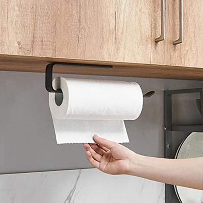 QTTVBTNA - 1 Stuk Keuken Papierhouder - Boorvrije Ophanging onder Kast - Zelfklevend Aluminium Keukenorganizer - Sopalen Houder & Rolfiets voor Keukenpapier - 29.5cm - Zwart
