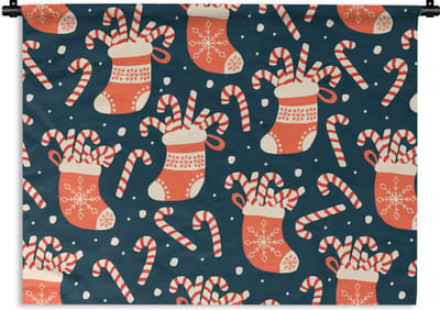 Wandkleed - Wanddoek - Sokken - Snoep - Kerst - Patronen - 60x45 cm - Wandtapijt