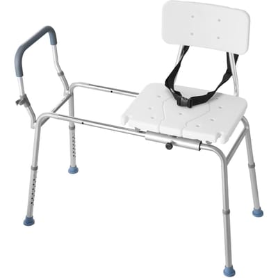 Chaise de douche coulissante, Banc de transfert pour baignoire capacité 180 kg, Banc de douche robuste avec accoudoirs et dossier, Siège réglable en hauteur pour