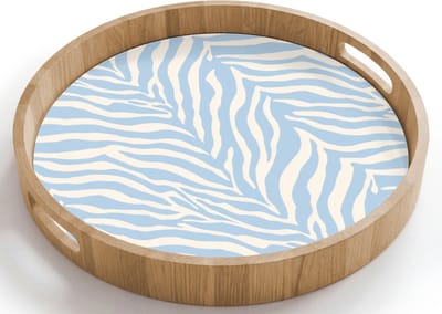 Dienblad rond 40x40 cm - Schootdienblad hout - Zebra - Motief - Blauw - Wit - Borrelplank rechthoek - Plateau houten dienbladen