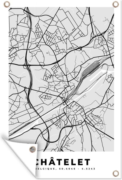 Muurdecoratie België – Châtelet – Stadskaart – Kaart – Zwart Wit – Plattegrond - 120x180 cm - Tuinposter - Tuindoek