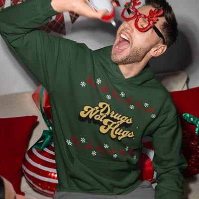 Lekker Waus Foute Kerst Hoodie Groen - Drugs Not Hugs - Maat XS - Kerst Outfit Dames & Heren