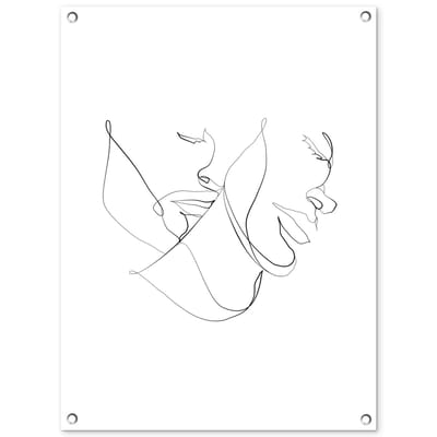 Tuinposter 60x80 cm - Tuindecoratie Abstracte line art van de hoofden van een koppel op een witte achtergrond - Poster voor in de tuin - Buiten decoratie - Schutting tuinschilderij - Tuindoek muurdecoratie - Wanddecoratie balkondoek