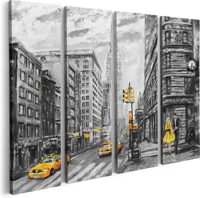 Artaza Canvas Schilderij Vierluik Geschilderde New York Tekening - Zwart Wit - 80x60 - Foto Op Canvas - Canvas Print