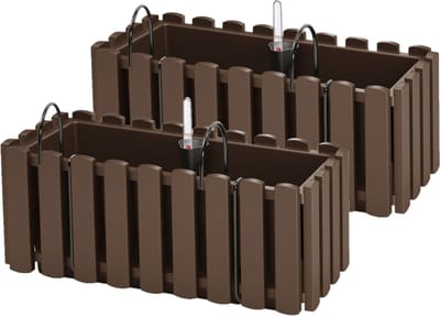 Fence-look plantenbak - 2x - kunststof - 38 x 18 x 16 cm - bruin - hangend - bloembak