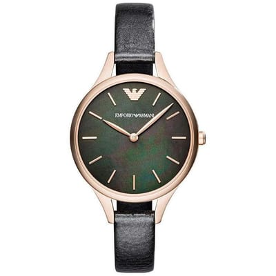 Emporio Armani Aurora Parelmoer Zwart Leer Dames Quartz Horloge AR11056 parelmoer kleur