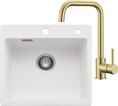 CECIPA max Spoelbak Keuken 50x45CM - Spoelbakken Graniet Met Keukenkraan Goud - Enkele spoelbak Wit - Met waterafvoersysteem - Voor 50 cm kast