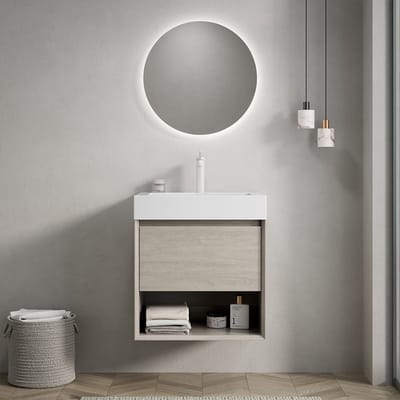 Pugsdrly 55 cm wandgemonteerde wastafel voor de badkamer met witte rechthoekige wasbak van gegoten kunststof, multiplex kast met een lade en een open plank, voorgemonteerd, eikenhout lichte houtnerfkleur