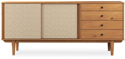 Sideboard SIMONA 175 cm van massief hout met rotanvlechtwerk – eikenhouten afwerking