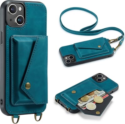 Casemania Hoesje Geschikt voor Apple iPhone 14 - Emerald Green - Luxe Backcover met Koord en Magnetische Sluiting - Portemonnee Wallet Case met Pasjeshouder en Opbergvak - Lanyard Telefoonhoes - Cord Case