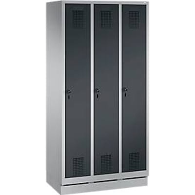 Kledingkast Evolo S 3000, 3 compartimenten, staal, sokkelhoogte 100 mm, veiligheidsslot, aluminium/antraciet wit, met draaibaar slot