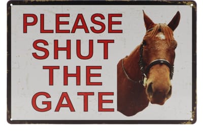Wandbord – Mancave – Shut the gate - Paard - Hek poort sluiten – Vintage - Retro - Wanddecoratie – Reclame bord – Restaurant – Kroeg - Bar – Cafe - Horeca – Metal Sign - Pin Up Girl - 20x30cm