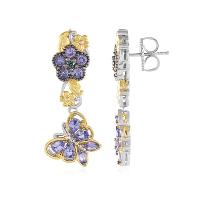 Cavill - 925 Zilver Oorbellen 2,5 ct Tanzaniet & Blauwe Saffier - Peervorm & Marquise - Luxe Bloem & Vlinder - Handgemaakt