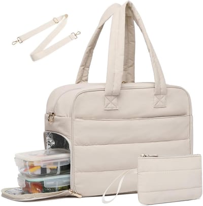 Daity Lunch-draagtas — Laptoptas voor 17,3 inch — Met geïntegreerd geïsoleerd lunchvak en muntvak — Ruime, gewatteerde en doorgestikte crossbody-reistas (Beige)