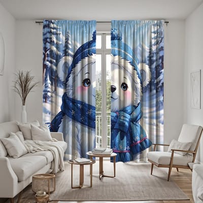 2-delige set HD schattige winterbeer decoratief gordijn Blauwe strik digitaal bedrukt gordijn Huisdecoratie stijl decoratie woonkamer W52H63inchW132H160cm gray