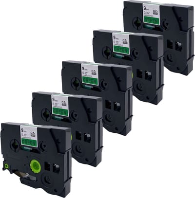 DULA Brother Compatible label tape- Tze-721 - 5 cassettes - Brother P-Touch - Zwart op groen - 9mm x 8m