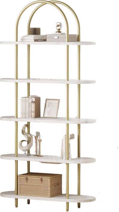 5-Laags Boekenkast - Voor Slaapkamer, Woonkamer & Thuiskantoor - Gebogen Displayrekken - Metalen Frame - opbergrek - Gold Wit